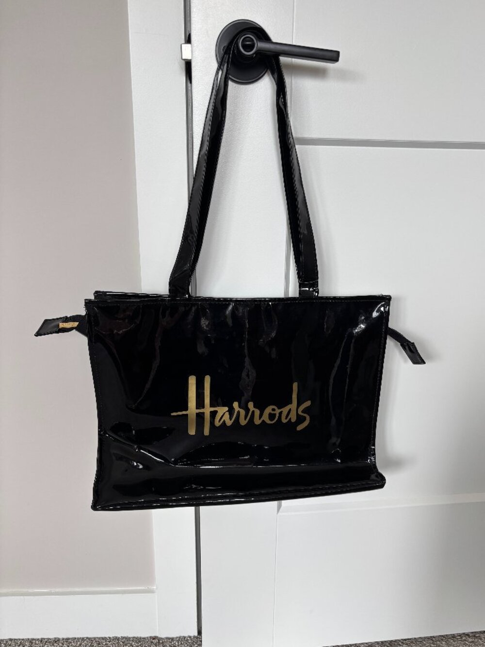 Harrods Glossy PVC Patent Zippered Tote - Black and Gold